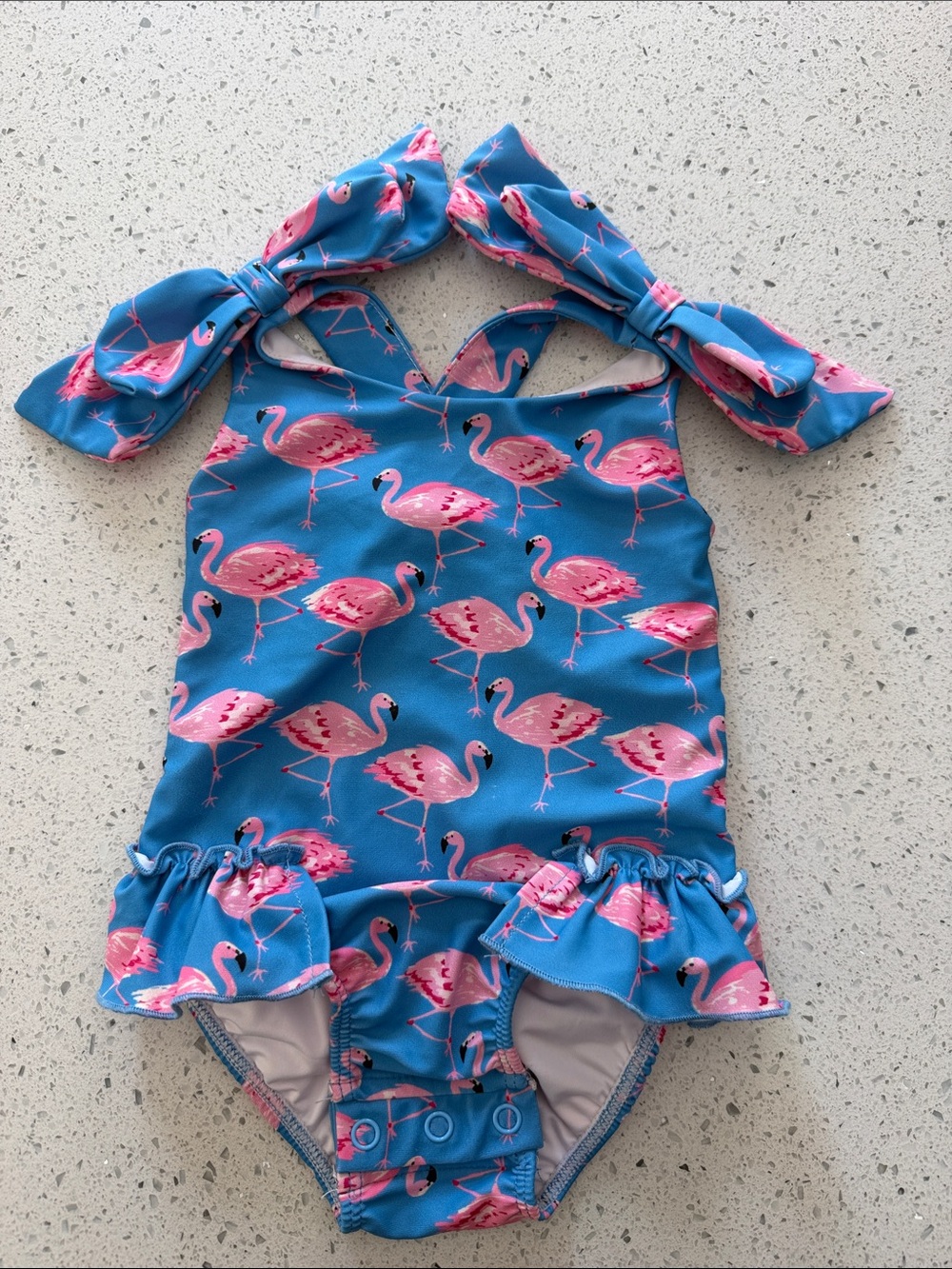 SweetHoney One-Piece Swimsuit with Pink Flamingos and Bow Straps 6M euc